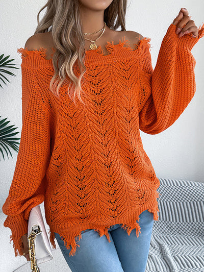 Long Sleeves Hollow Knitted Leaves Ribbed Knit See-Through Solid Color Off-The-Shoulder Sweater Tops
