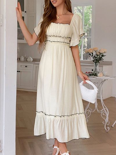 A-Line High Waisted Pleated Ruffle Trim Split-Joint Zipper Square-Neck Midi Dresses