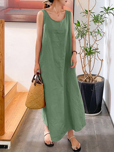 A-Line Loose Pockets Solid Color Split-Joint Square-Neck Maxi Dresses