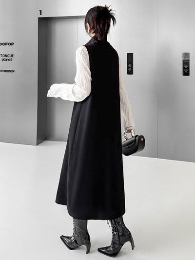 Irregularity Loose Asymmetric Buttoned Solid Color Split-Joint High Neck Midi Dresses