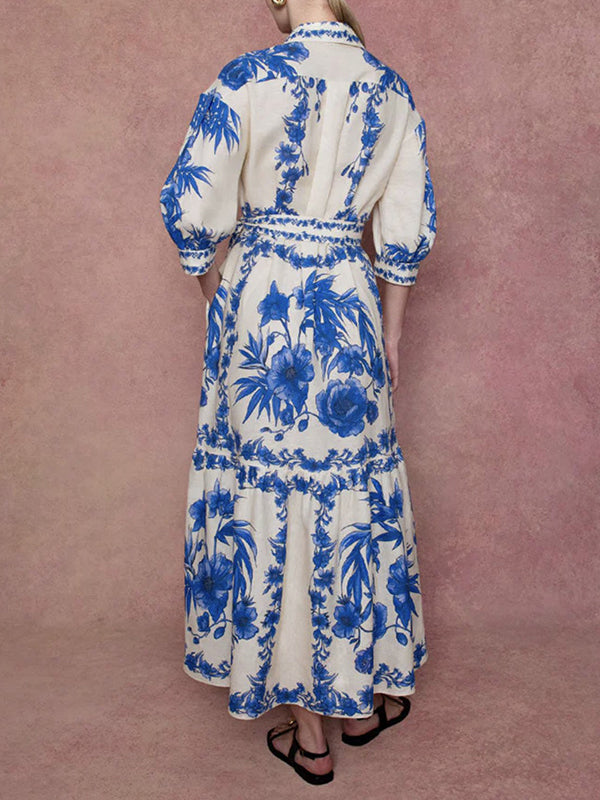 Loose Puff Sleeves Floral Printed Pleated Split-Joint Tied Waist Lapel Maxi Dresses Shirt Dress
