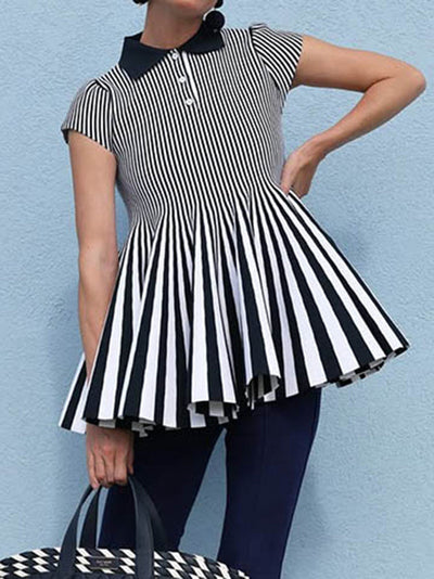 Short Sleeves Pleated Split-Joint Striped Patterns Lapel Blouses&Shirts Tops