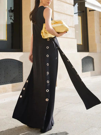 Loose Sleeveless Hollow Split-Joint Split-Side Streamer Deep V-Neck Vest Outerwear