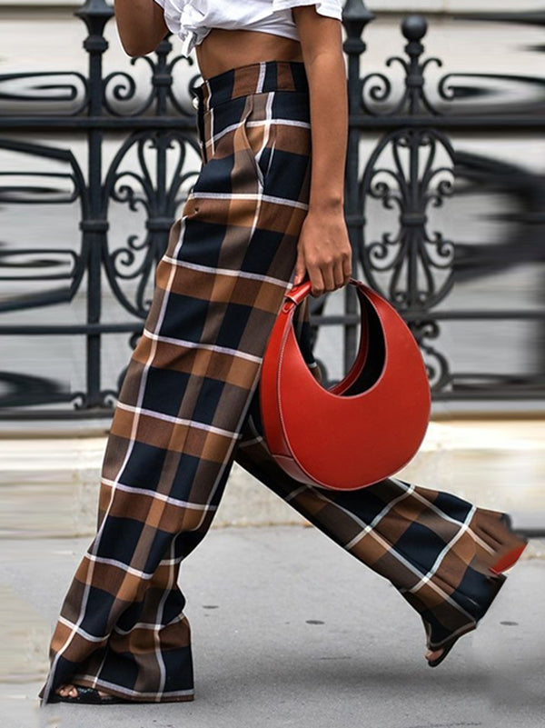 High Waisted Wide Leg Plaid Split-Joint Pants Trousers