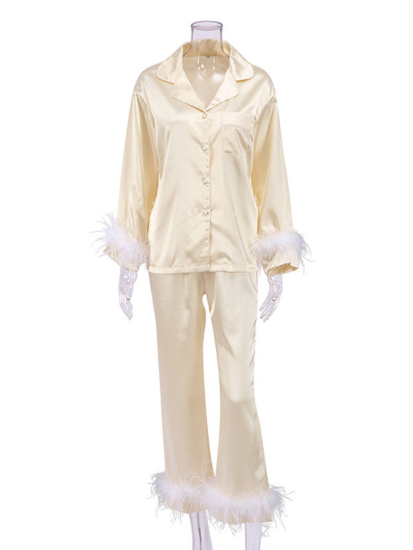Long Sleeves Buttoned Feathers Split-Joint Notched Collar Shirts Top + Pants Bottom Pajama Sets