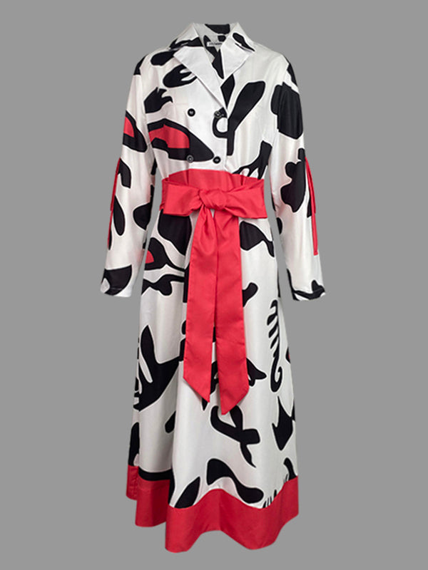 A-Line Long Sleeves Buttoned Contrast Color Tied Waist Notched Collar Maxi Dresses Shirt Dress