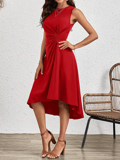 A-Line High Waisted Asymmetric Pleated Solid Color Split-Joint Round-Neck Midi Dresses