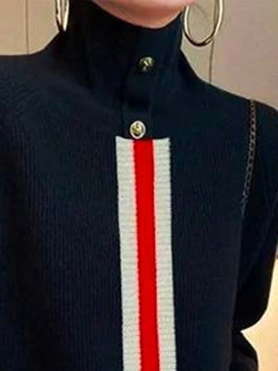 Long Sleeves Loose Split-Joint Striped High Neck Sweater Tops