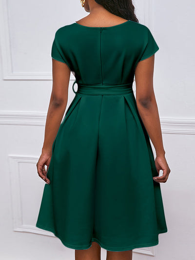 Bowknot Lace-Up Solid Color V-Neck Midi Dresses