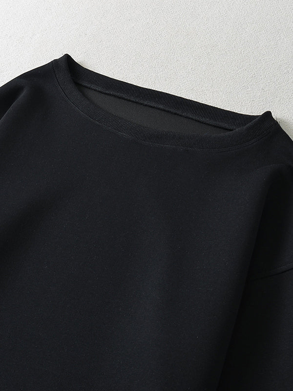 Long Sleeves Loose Solid Color Split-Joint Round-Neck Sweatshirt Tops