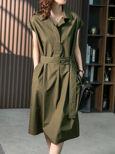 Plus Size Short Sleeves Bandage Solid Color Lapel Midi Dresses