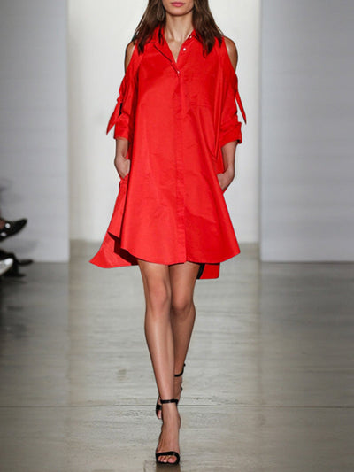 Loose Solid Color Split-Joint Cold Shoulder Mini Dresses Shirt Dress