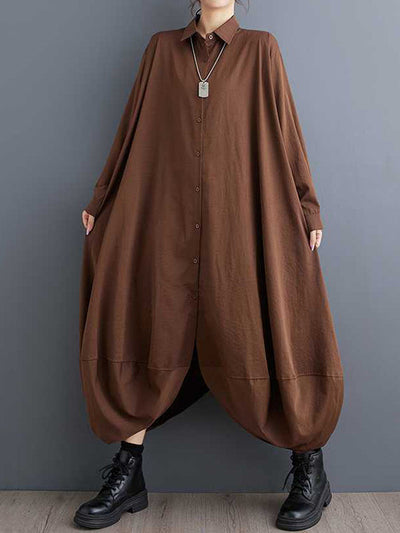 A-Line Long Sleeves Buttoned Pockets Solid Color Split-Joint Lapel Midi Dresses Shirt Dress