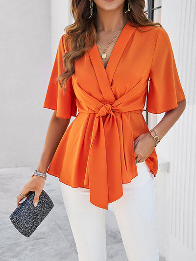 Flared Sleeves Half Sleeves Solid Color Tied V-Neck Blouses&Shirts Tops