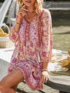 A-Line Loose Buttoned Contrast Color Flower Print Pleated V-Neck Mini Dresses
