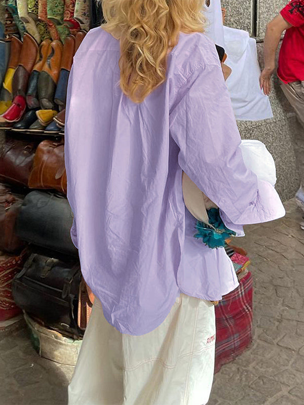 Long Sleeves Loose Buttoned Pockets Solid Color Lapel Blouses&Shirts Tops