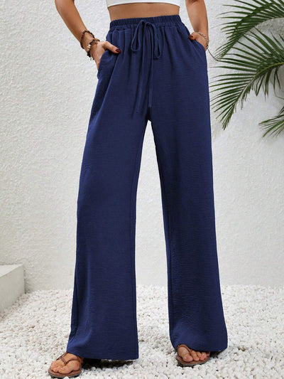 High Waisted Loose Elasticity Pleated Solid Color Tied Waist Pants Trousers