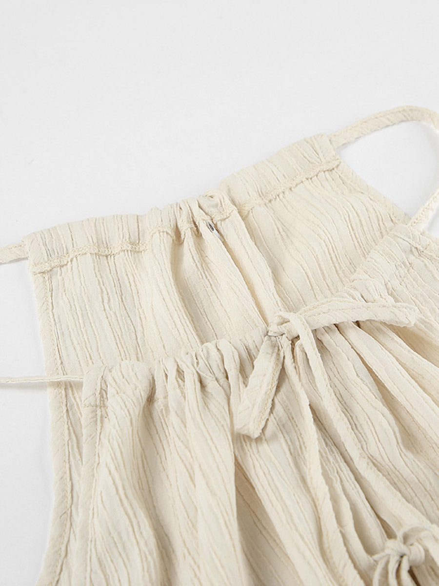 Solid Color Halter-Neck Cropped Pleated Split-Joint Tank Top + High Waisted Elasticity  Tied Waist Pants Trousers Two Pieces Set
