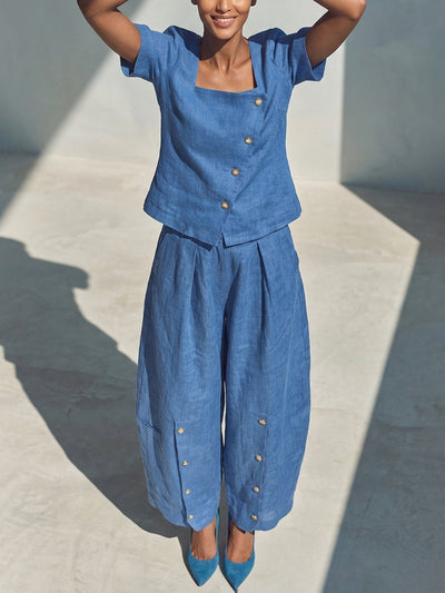 Loose Wide Leg Buttoned Pockets Solid Color Pants Trousers