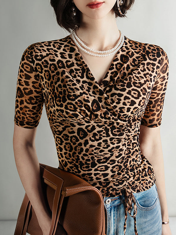 Half Sleeves Skinny Leopard Pleated V-Neck T-Shirts Tops