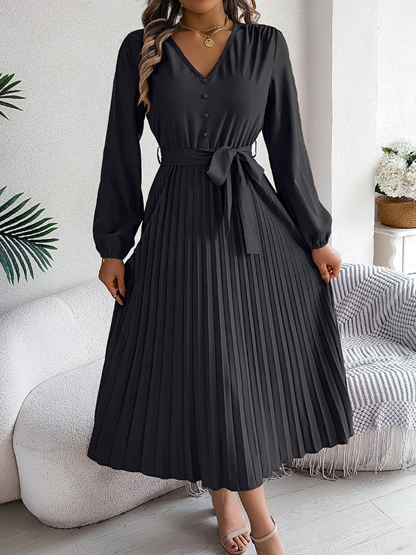 High Waisted Long Sleeves Belted Buttoned Pleated Solid Color V-Neck Maxi Dresses