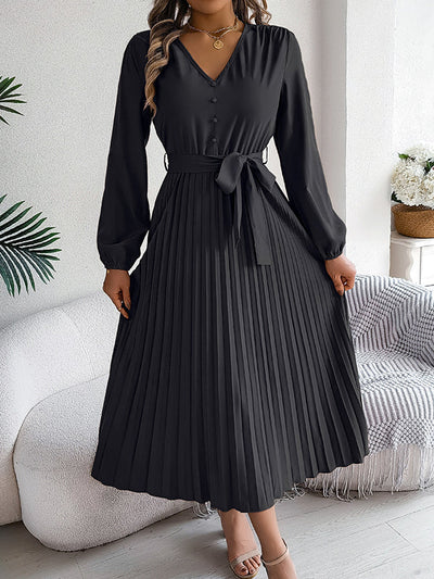 High Waisted Long Sleeves Belted Buttoned Pleated Solid Color V-Neck Maxi Dresses