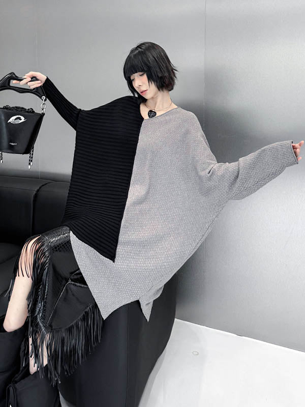 Batwing Sleeves Irregularity Asymmetric Contrast Color Split-Joint Textured V-Neck Sweater Tops