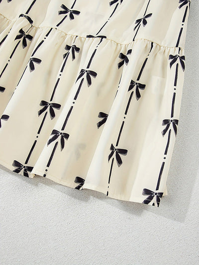 A-Line Loose Bowknot Contrast Color Printed Split-Joint Stand Collar Midi Dresses