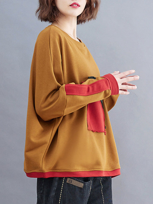 Artistic Retro Loose Triangle Applique Contrast Color Round-Neck Long Raglan Sleeves Sweatshirt