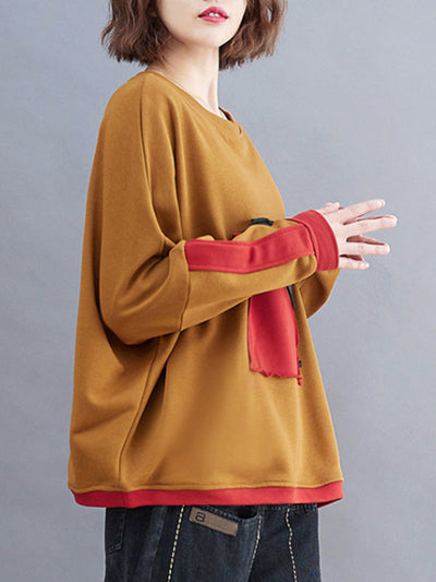 Artistic Retro Loose Triangle Applique Contrast Color Round-Neck Long Raglan Sleeves Sweatshirt