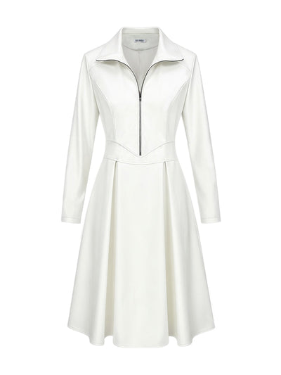 Long Sleeves Skinny Soft Zipper Lapel Midi Dresses