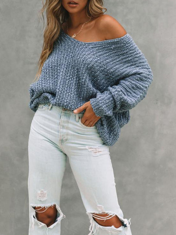 Long Sleeves Loose Solid Color V-Neck Knitwear Pullovers Sweater Tops