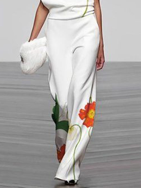 High Waisted Loose Asymmetric Floral Printed Split-Joint Pants Trousers