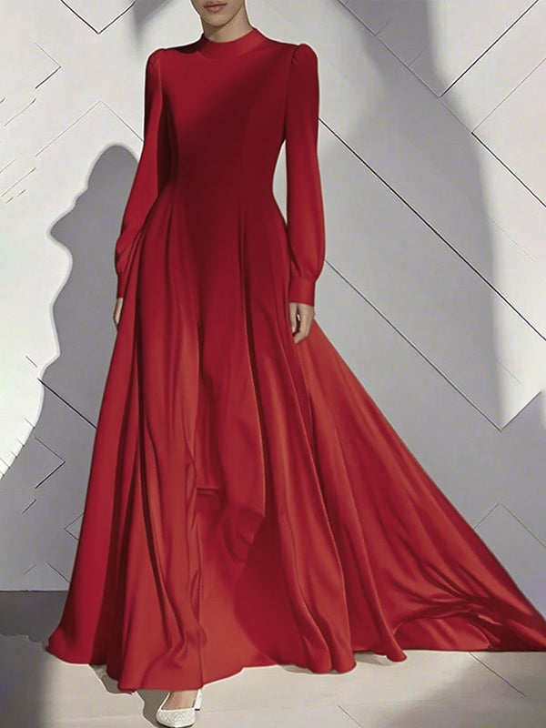 A-Line High Waisted Pleated Solid Color Zipper Mock Neck Maxi Dresses