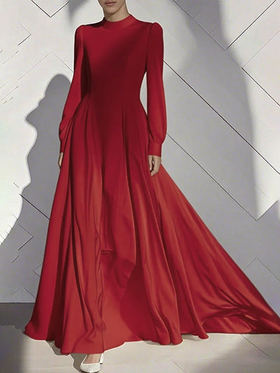 A-Line High Waisted Pleated Solid Color Zipper Mock Neck Maxi Dresses