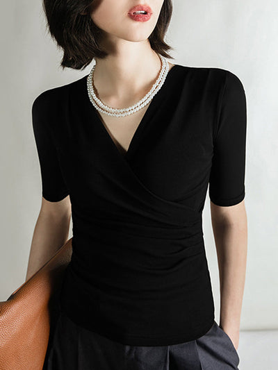 Half Sleeves Skinny Pleated Solid Color V-Neck T-Shirts Tops