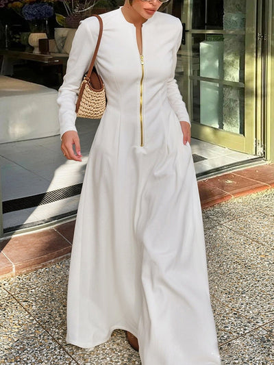 Long Sleeves Solid Color Zipper Round-Neck Maxi Dresses