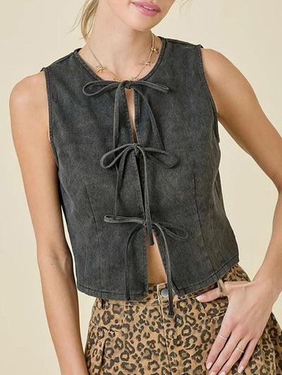 Loose Sleeveless Lace-Up Split-Joint Round-Neck Vest Top