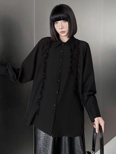 Hipster Long Sleeves Buttoned Falbala Ruffled Solid Color Split-Joint Lapel Blouses&Shirts Tops