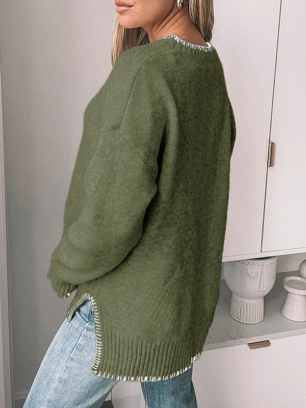 High-Low Long Sleeves Split-Joint Split-Side Round-Neck Pullovers Sweater Tops