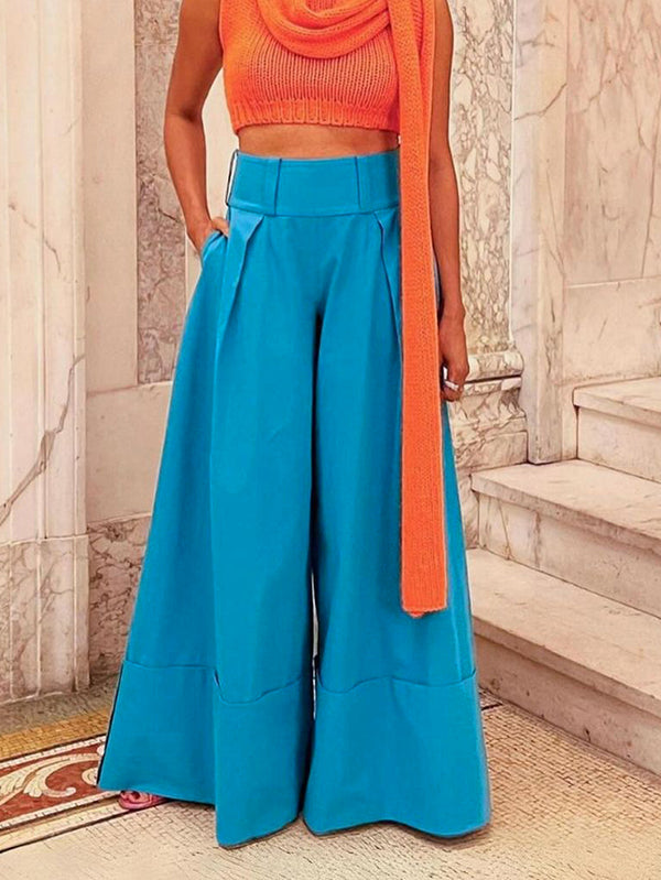 High Waisted Loose Pockets Solid Color Pants Trousers