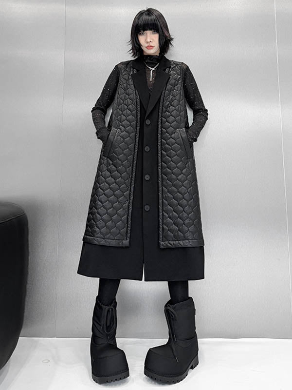 Loose Sleeveless Buttoned Plaid Pockets Solid Color Split-Joint Notched Collar Outerwear Padded Vest