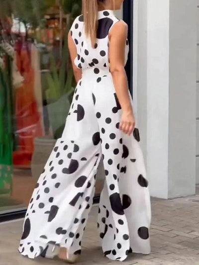 High Waisted Sleeveless Polka-Dot Mock Neck Jumpsuits