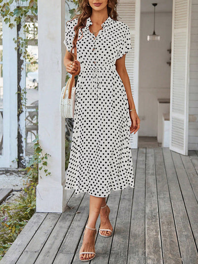 A-Line High Waisted Buttoned Drawstring Polka-Dot V-Neck Midi Dresses
