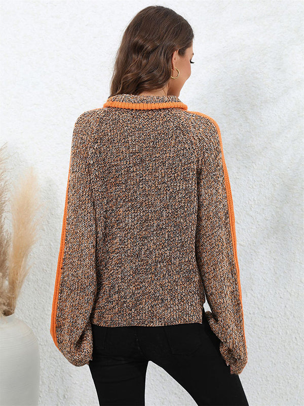 Casual Long Sleeves Loose Contrast Color Half Turtleneck Sweater Tops