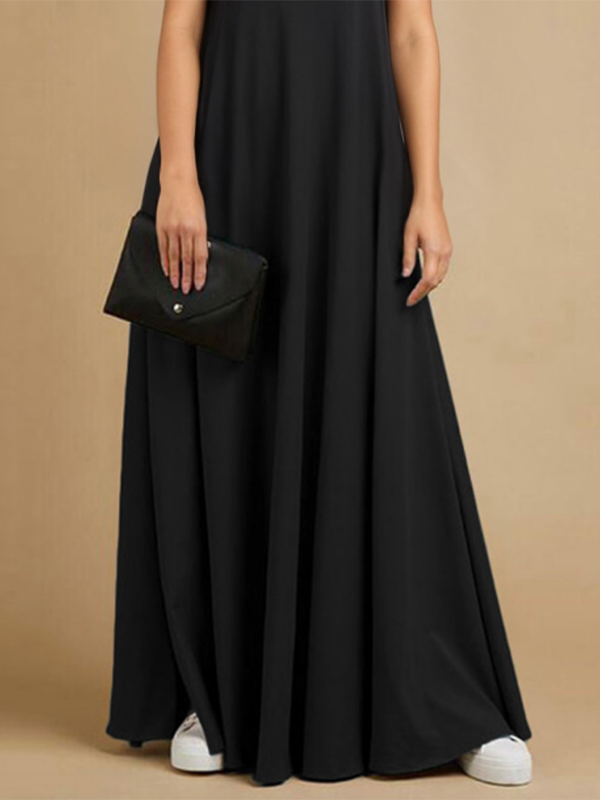 Loose Short Sleeves Solid Color Stand Collar Maxi Dresses