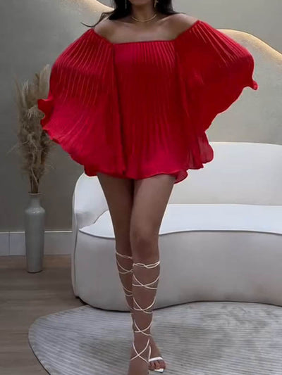 Batwing Sleeves Loose Pleated Solid Color Off-The-Shoulder Shirt Top + Shorts Bottom Two Pieces Set