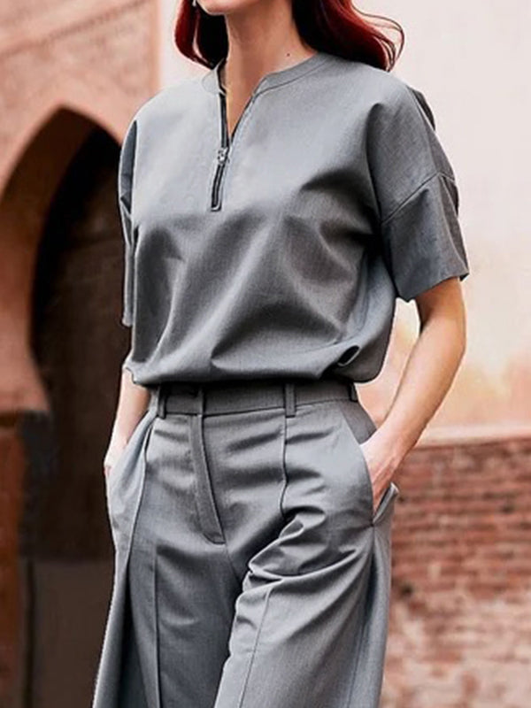 Loose Short Sleeves Solid Color Zipper V-Neck Blouses&Shirts Tops