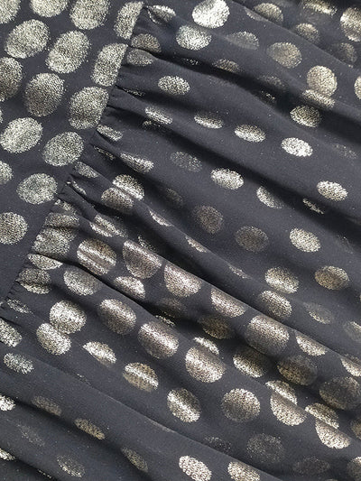 Long Sleeves Puff Sleeves Pleated Polka Dot Shiny Split-Joint High Neck Mini Dresses