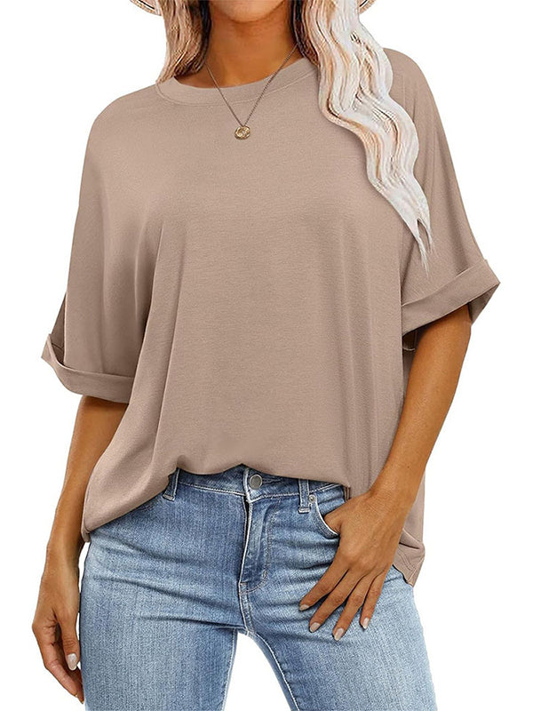 Raglan Sleeve Solid Color Split-Joint Round-Neck T-Shirts